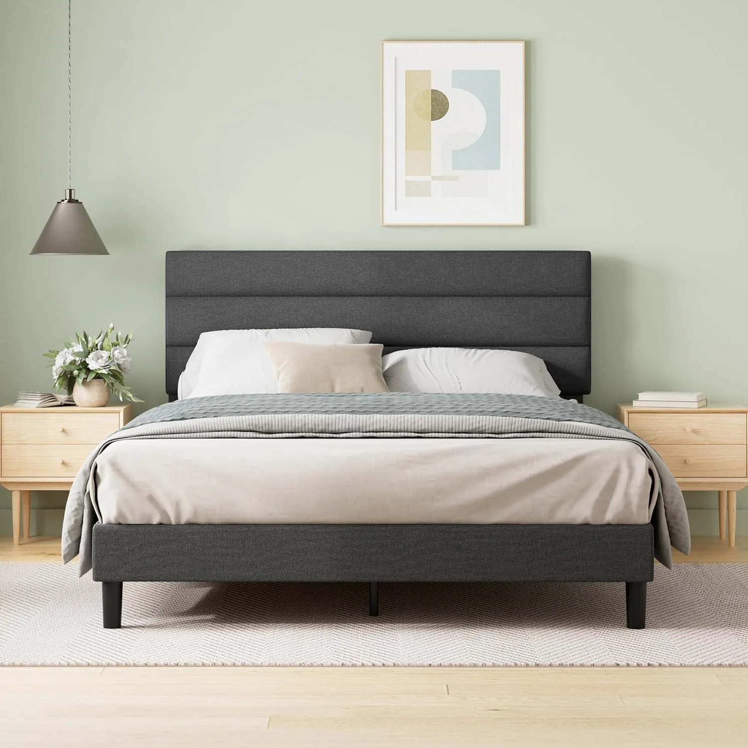 Queen Upholstered Platform Bed: Horizontal Headboard. Wooden Slats. No Box Spring Needed. Easy Assembly. Eco-Friendly. Dark Grey