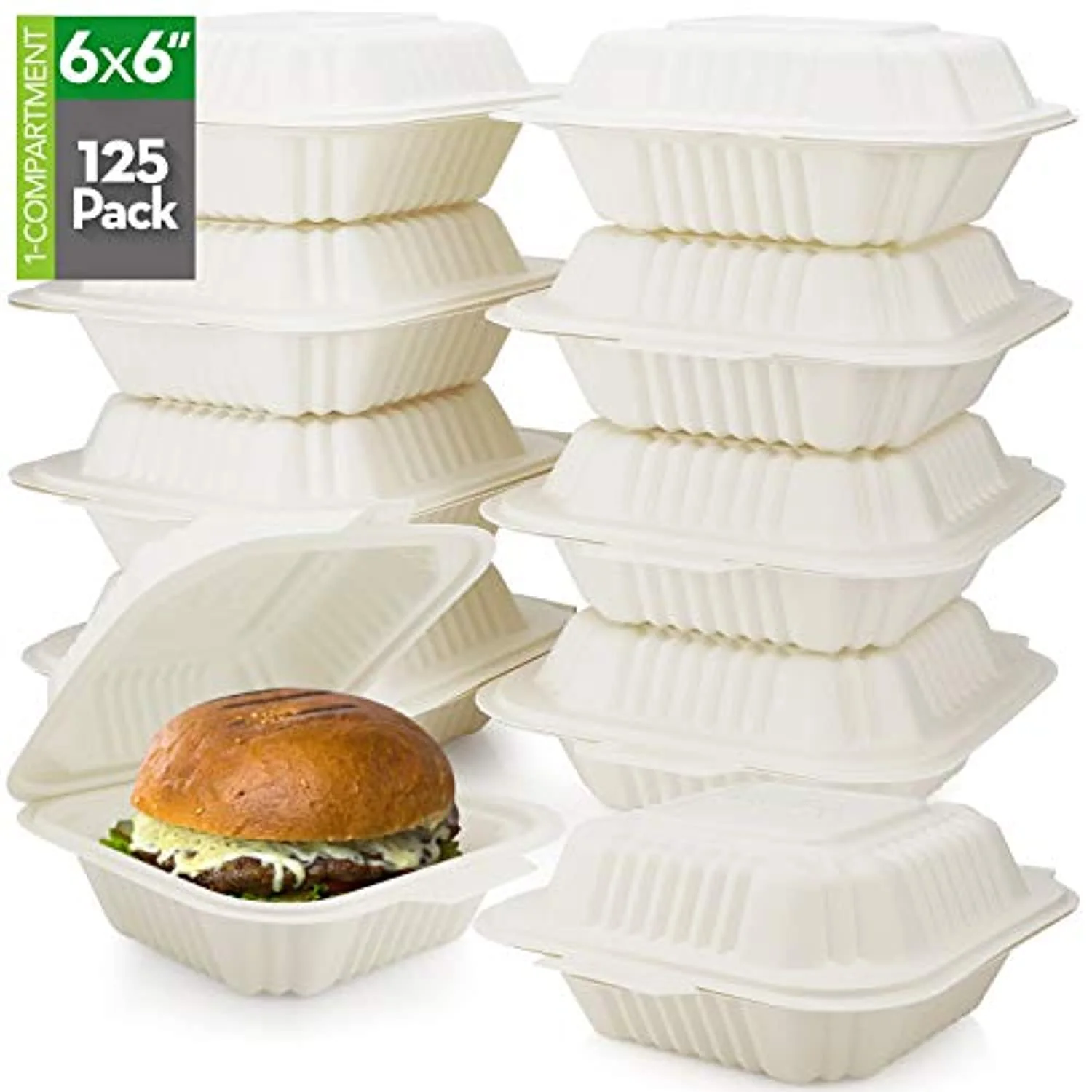 125 Count Eco Friendly Take Out Food Containers. 6 x 6. 1-Comp. - Non-Soggy. Leak Proof. Disposable To Go Containers Made From Cornstarch