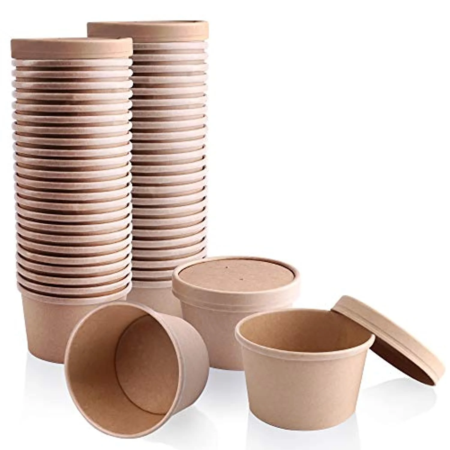 50 Pack. 12 oz Kraft Eco-friendly Compostable Paper Food Cup with Vented Lid. Hot or Cold Dish To Go Packaging. Ramen Soup Stews Salad Container