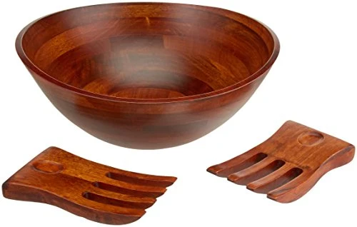 Cherry Finished Wavy Rim Serving Bowl with 2 Salad Hands. Large. 13 x 12.5 x 5. 3-Piece Set