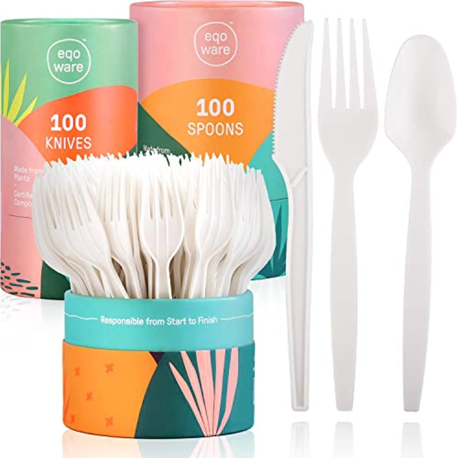Certified Compostable Cutlery Made from Plants. 300 Pack. 7 Large