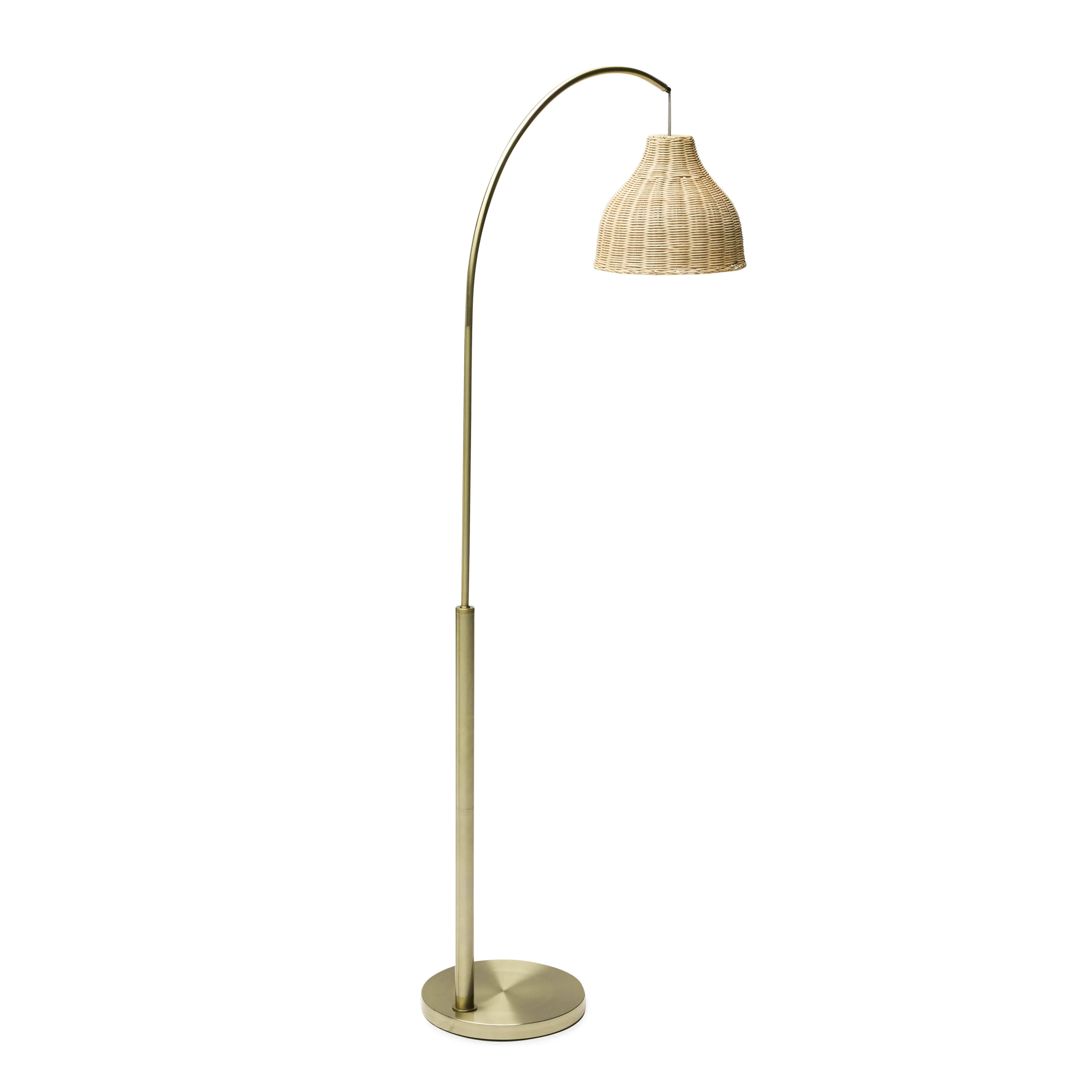 Arch Floor Lamp with Rattan Shade. Antique Brass