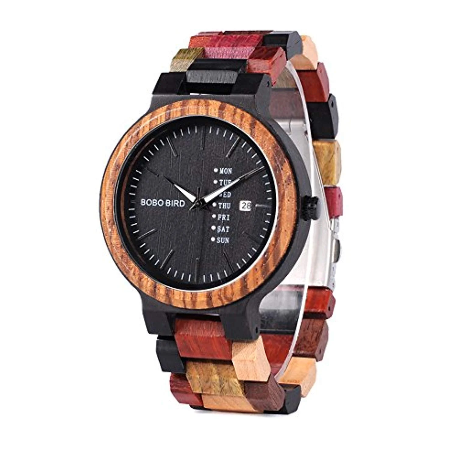 Men's Colorful Wooden Watch. Week & Date Display Quartz Watches Handmade Casual Wood Wrist Watch
