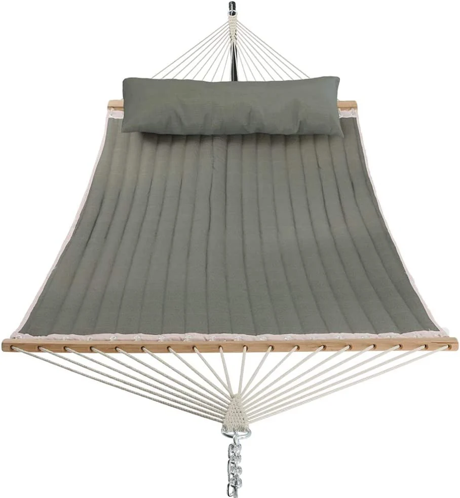 2 Person Hammock with Bamboo Spreader Bars. 11 Feet Quilted Fabric Hammock with Pillow Double