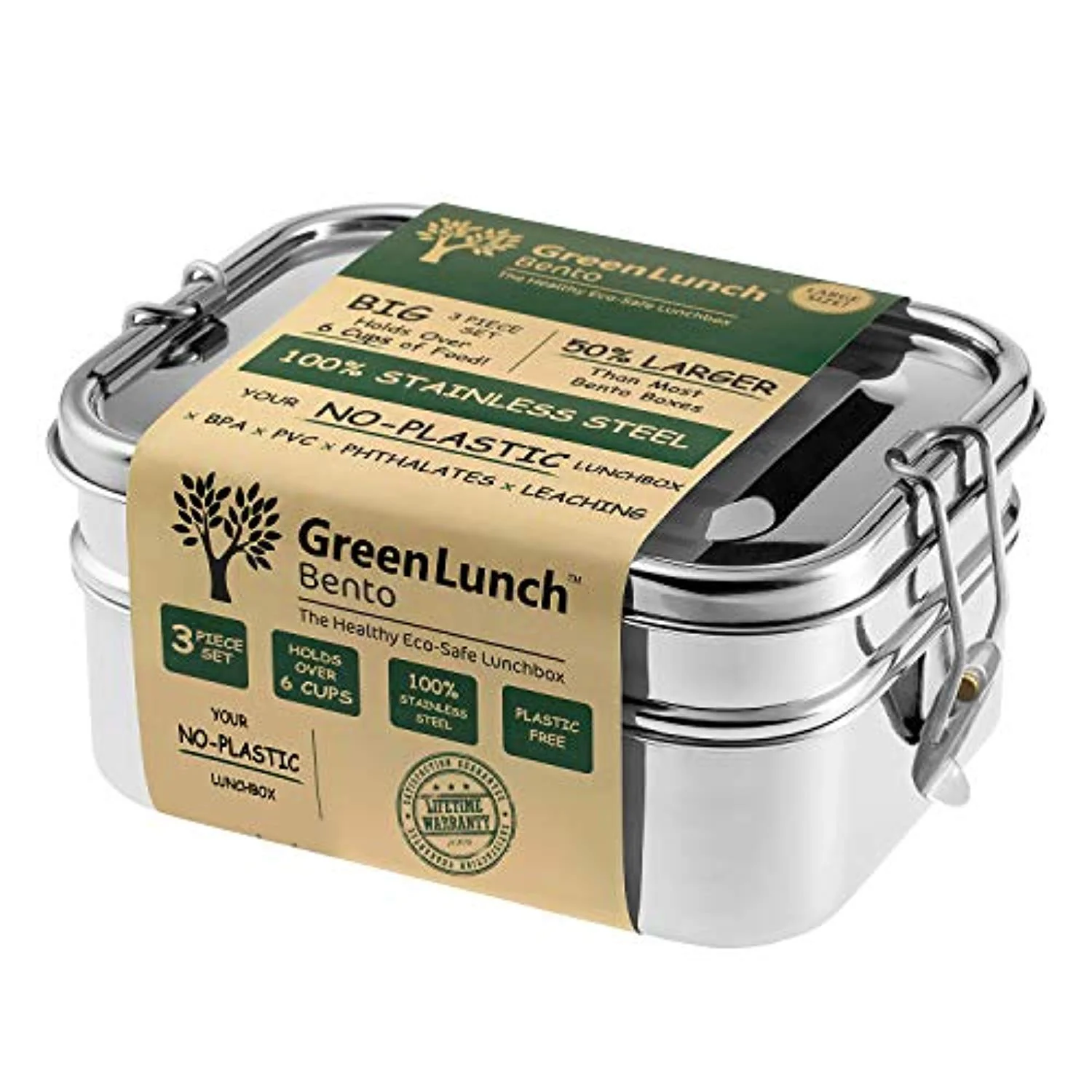 Stainless Steel 3-in-1 Bento Lunch Box with Pod Insert - Holds 6 Cups of Food - Eco-Safe. Healthy. Durable Lunch Container for Kids and Adults