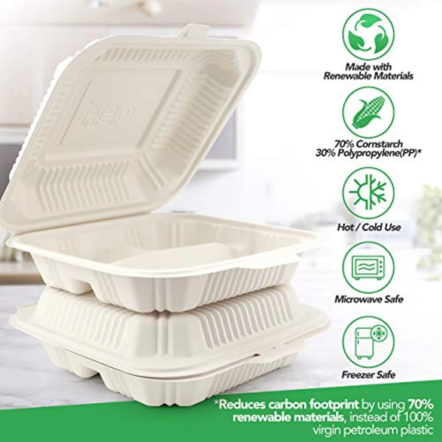 Eco Friendly to Go Containers - 100 Count 8x8. 3-Compartment Non Soggy. Leak Proof. Disposable to Go Boxes Made from Cornstarch