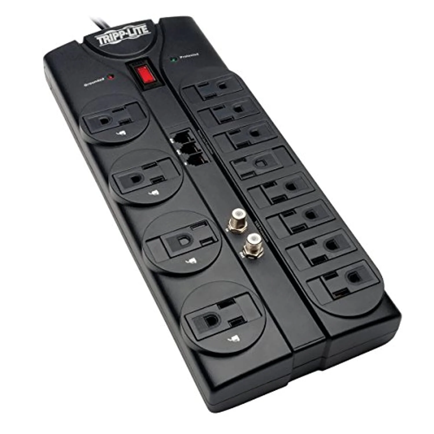 12 Outlet Surge Protector Power Strip. 8ft Cord. Right-Angle Plug. Tel/Modem/Coax Protection