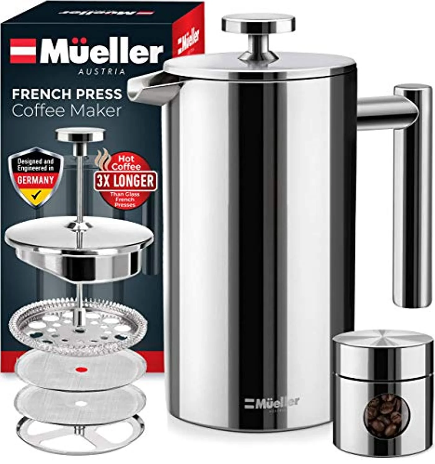 French Press Double Insulated 310 Stainless Steel Coffee Maker 4 Level Filtration System. No Coffee Grounds. Rust-Free. Dishwasher Safe