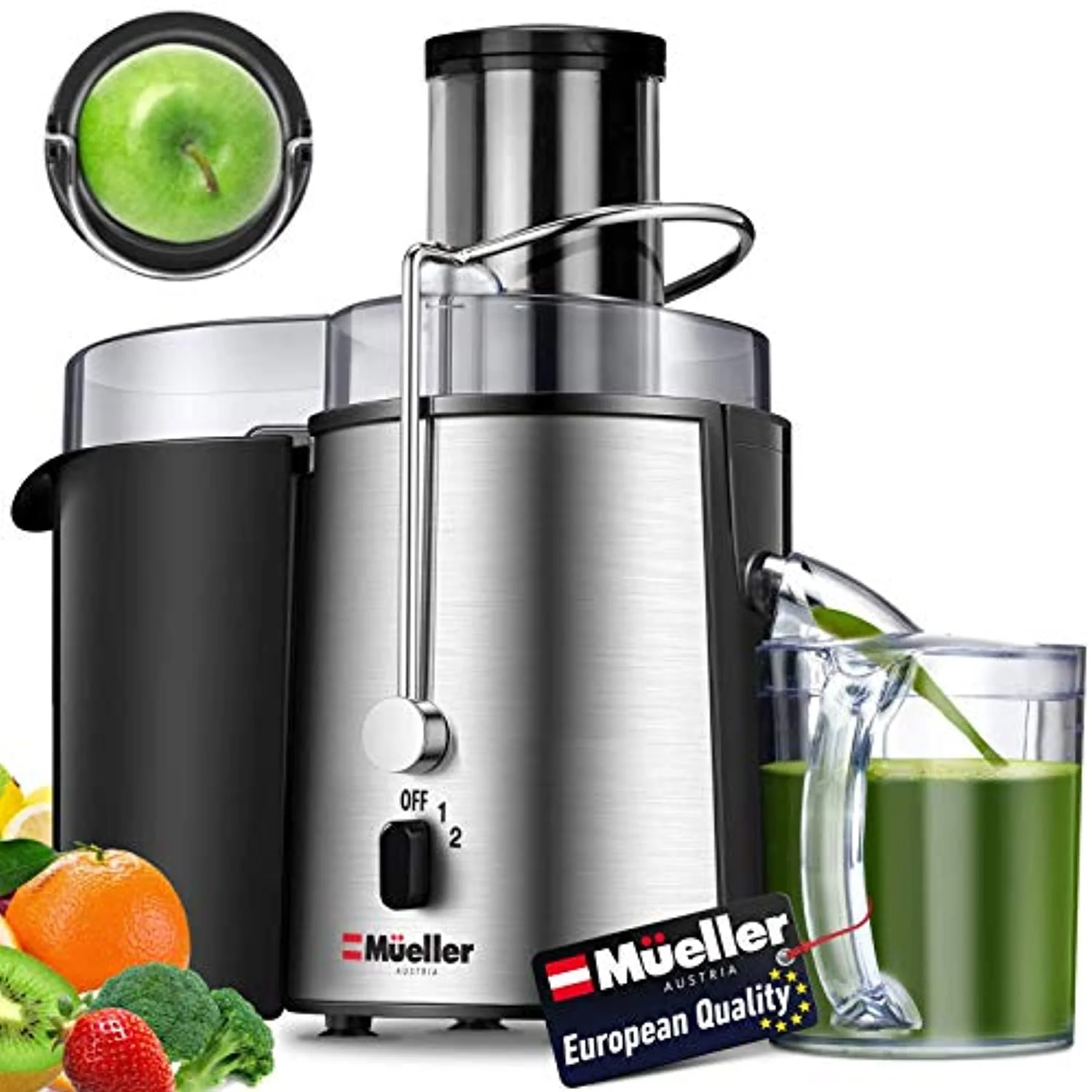 Juicer Ultra 1100W Power. Easy Clean Extractor Press Centrifugal Juicing Machine. Wide 3 Feed Chute for Whole Fruit. Anti-drip. High Quality