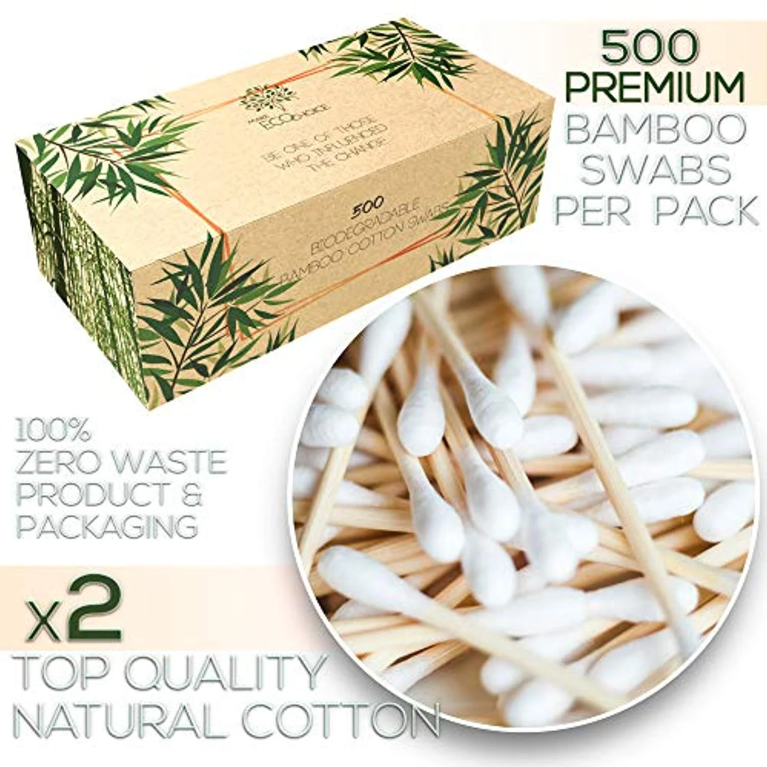 Premium Organic 500 Bamboo Cotton Swabs. Compostable Zero Waste Disposable Eco Friendly. 2 packs