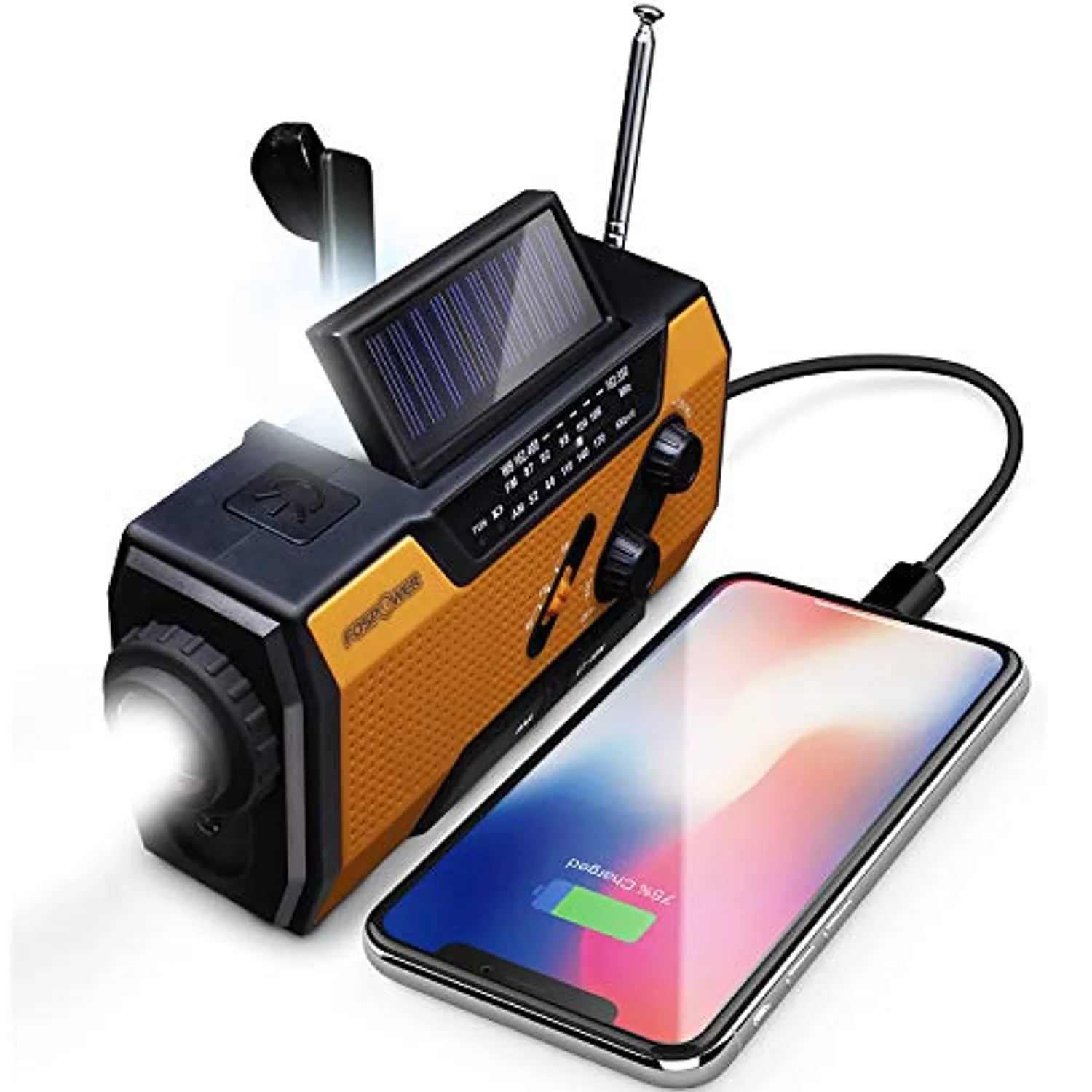 Emergency Solar Hand Crank Portable Radio Household Outdoor Emergency with AM/FM. LED Flashlight. Lamp. 2000mAh Power Bank USB Charger. SOS Alarm