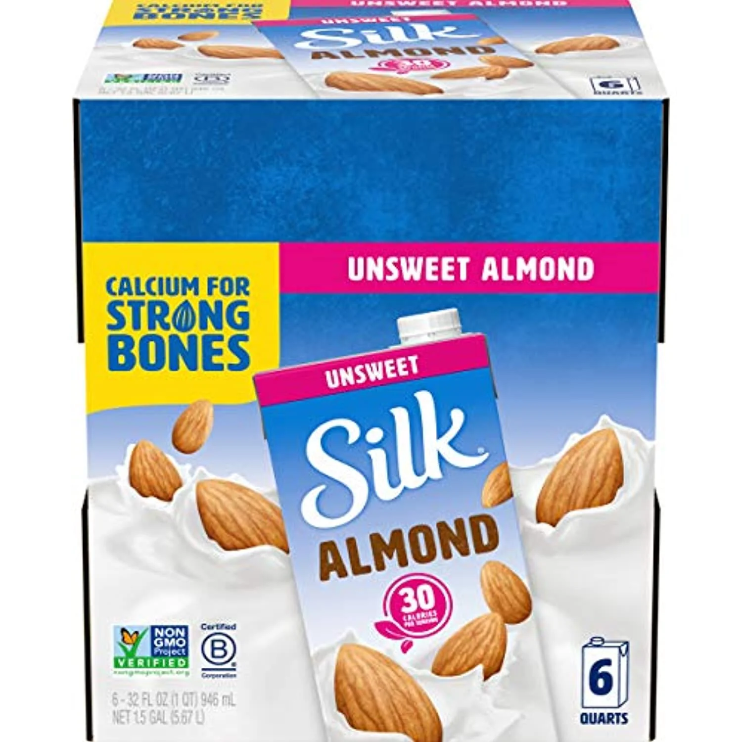 Almond Milk. Unsweetened. Dairy-Free. Vegan. Non-GMO. 1 Quart. Pack of 6