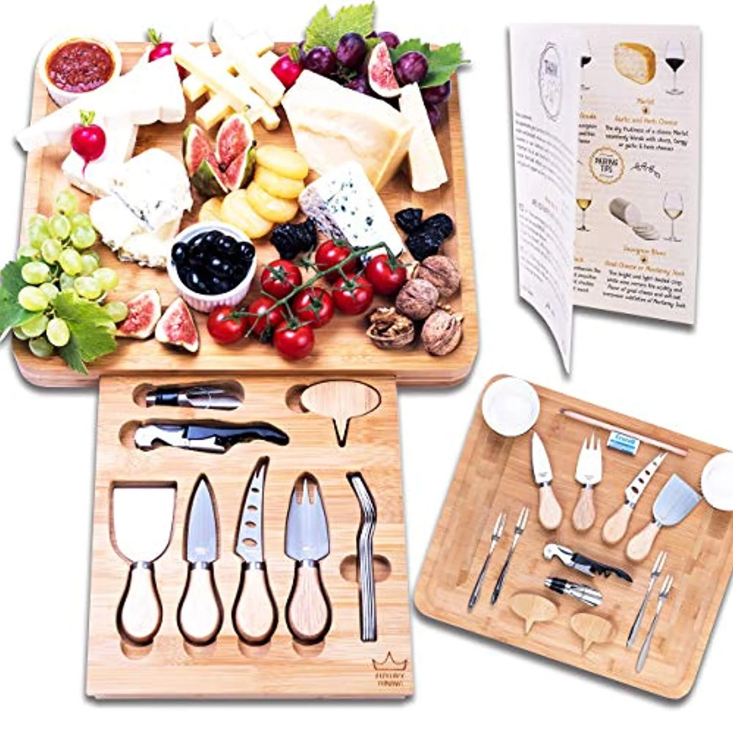 16-piece Cheese Charcuterie Board and Knife Cutlery Set - Organic Bamboo Cutting and Serving Tray
