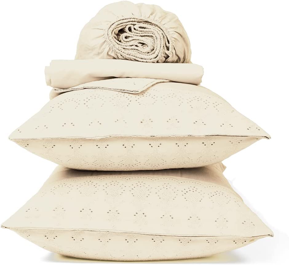 100% Organic Cotton Lace King Sheet Set. Percale Weave 4 Piece GOTS Certified Cool Crisp Breathable Luxury Finish Fits Up to 17 Deep Pockets. Undyed