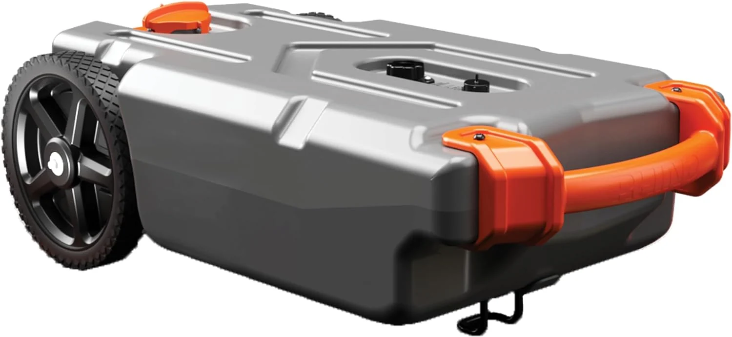 Portable Gallon RV Tote Tank with No-Flat Wheels. Gate Valve. and Accessories