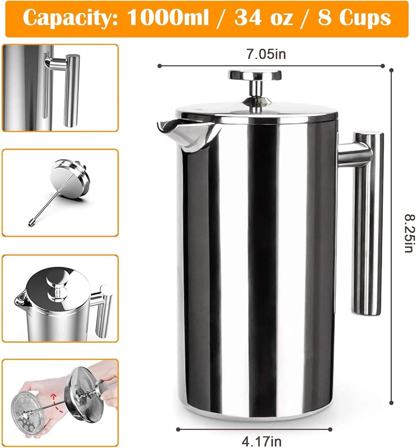 French Press Coffee Maker. Double Insulated 304 Stainless Steel Coffee Tea Maker 4 Level Filtration System. No Coffee Grounds. Rust-Free. Dishwasher Safe