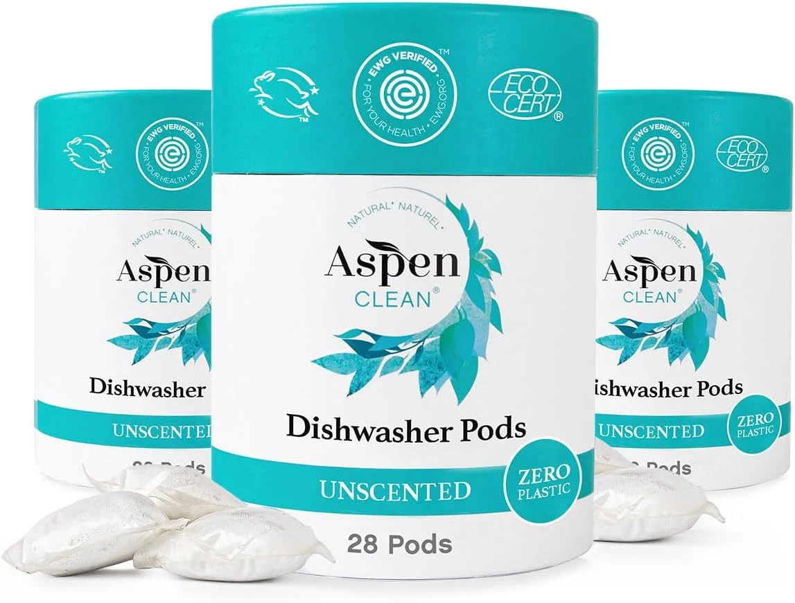 Unscented Dishwasher Pods. New and Improved Packaging. Zero Plastic. Vegan. Eco-Friendly. Natural Dishwasher Detergent