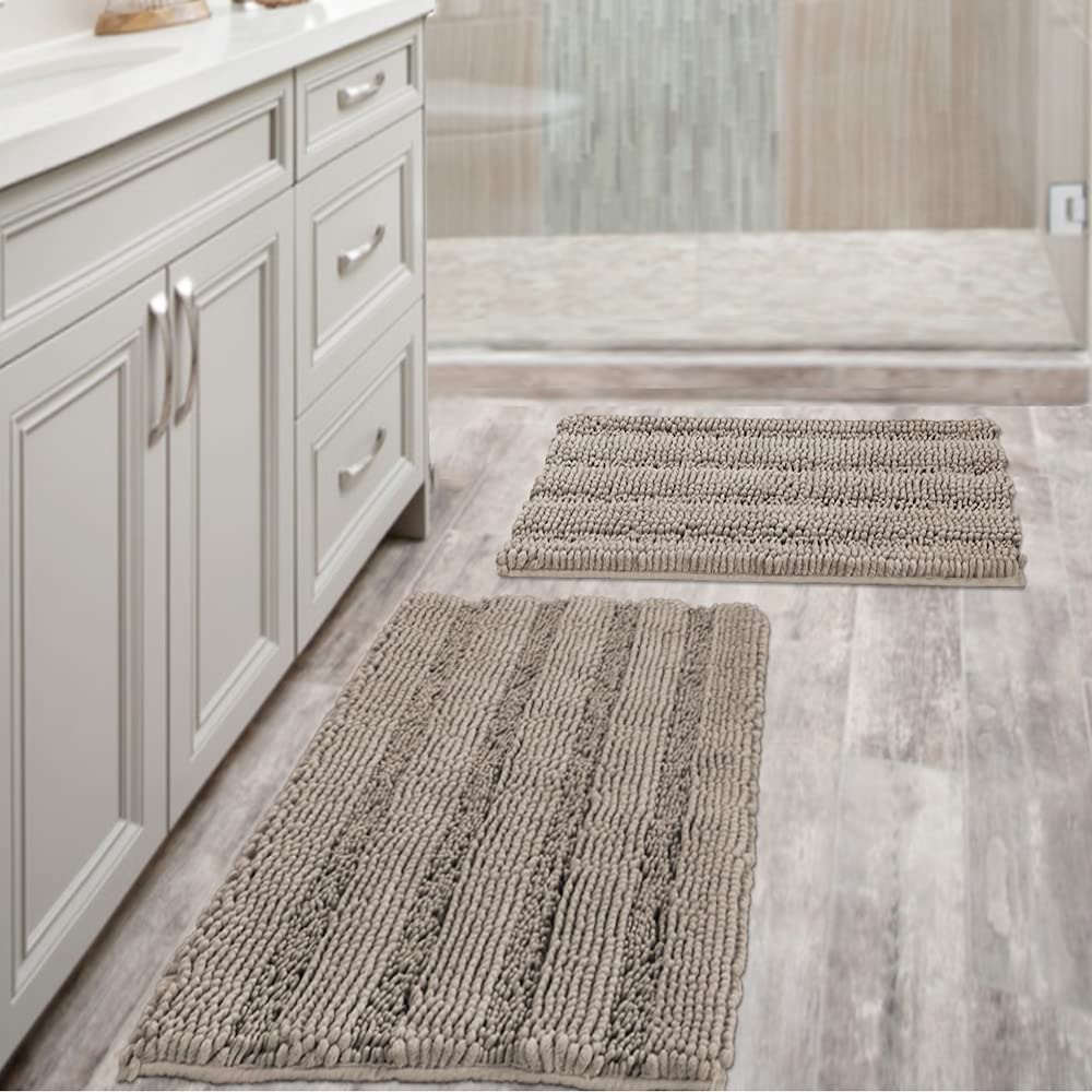 Bathroom Rugs.  Super Absorbent Chenille Striped Non Skid Machine Wash Dry Rugs. Set of 2. 47 x 17 Plus 17 x 24 Inches
