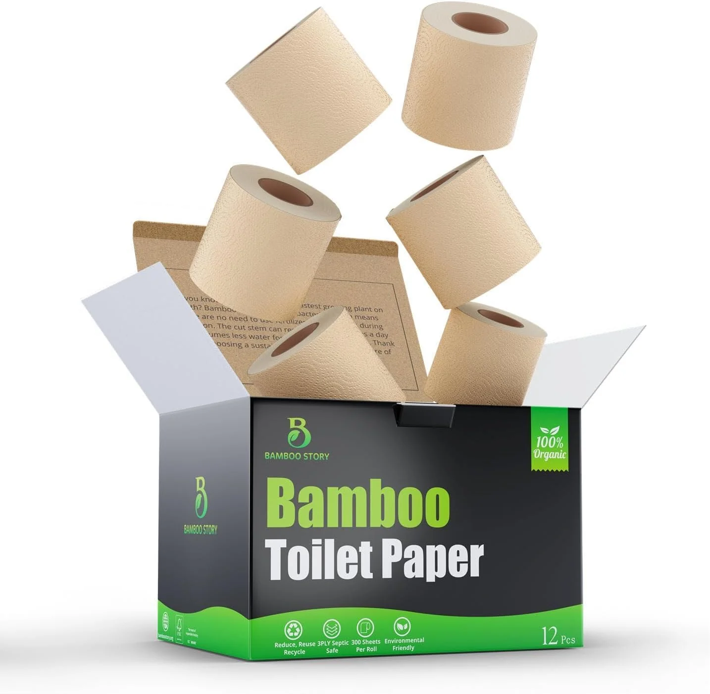 Premium Bamboo Toilet Paper. Unbleached.3PLY & 300 Sheets. FSC Certified. Bleach Free. PFA Free. Chemical Free. BPA Free. Septic Safe Toilet Tissue