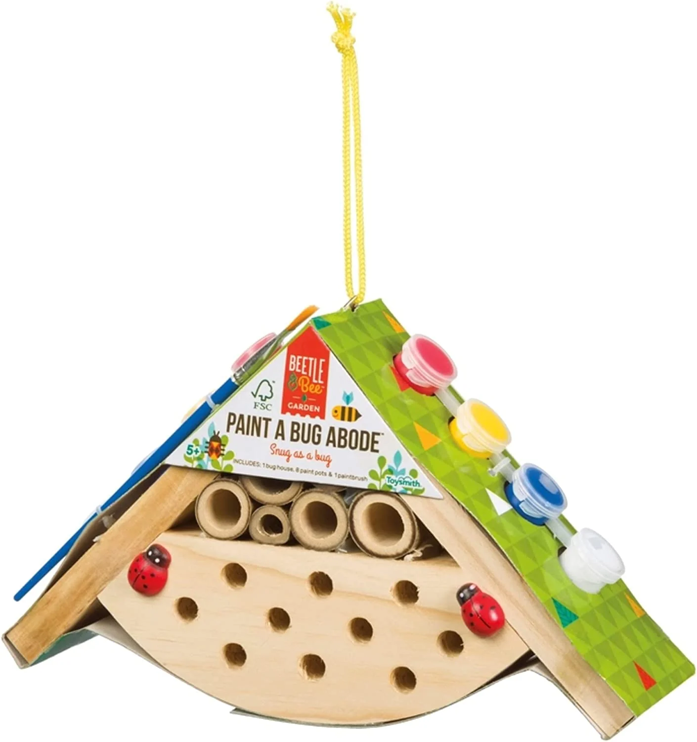 DIY Kid Art Craft Outdoor Birdhouse or Bee Kit. Hardware & Glue Included- 4 Paints. 1 Brush. 7 Wooden Pcs. Chain for Tree Hanging. Age 5+