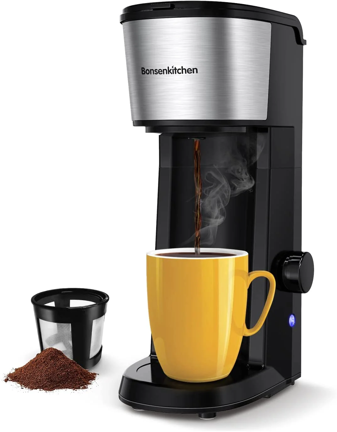 Small Coffee Maker Single Serve. Portable Personal Coffee Brewer with Auto Shut Off Function & Reusable Eco-Friendly Filter. 14oz