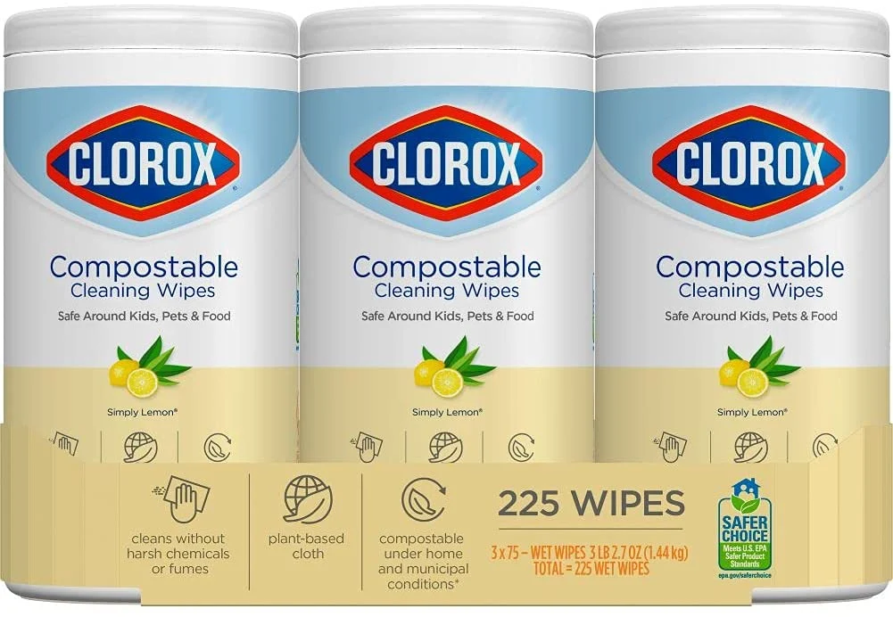 Compostable Cleaning Wipes - All Purpose Wipes - Simply Lemon. 75 Count. Pack of 3
