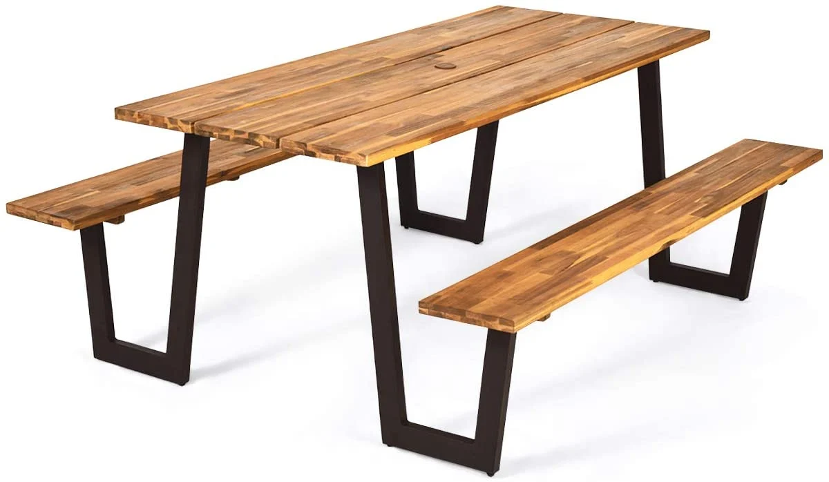 Picnic Table Bench Set with Umbrella Hole. Outdoor Dining Table Set. 70 Acacia Wood Picnic Beer Table with Metal Frame