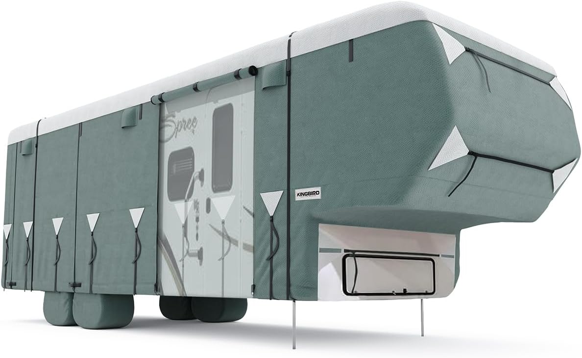 RV Cover - Heavy-Duty 5-Layer Anti-UV. Durable Camper Protection. Waterproof & Rip-Stop with Extra Straps & Tire Covers