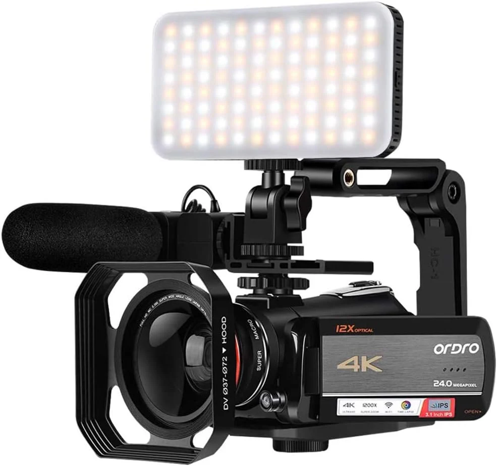 4K Video Camera Camcorder with 12x Optical Zoom 3.1 IPS HD 1080P 60FPS Microphone. Video Light. Wide Angle Lens and 64G SD Card