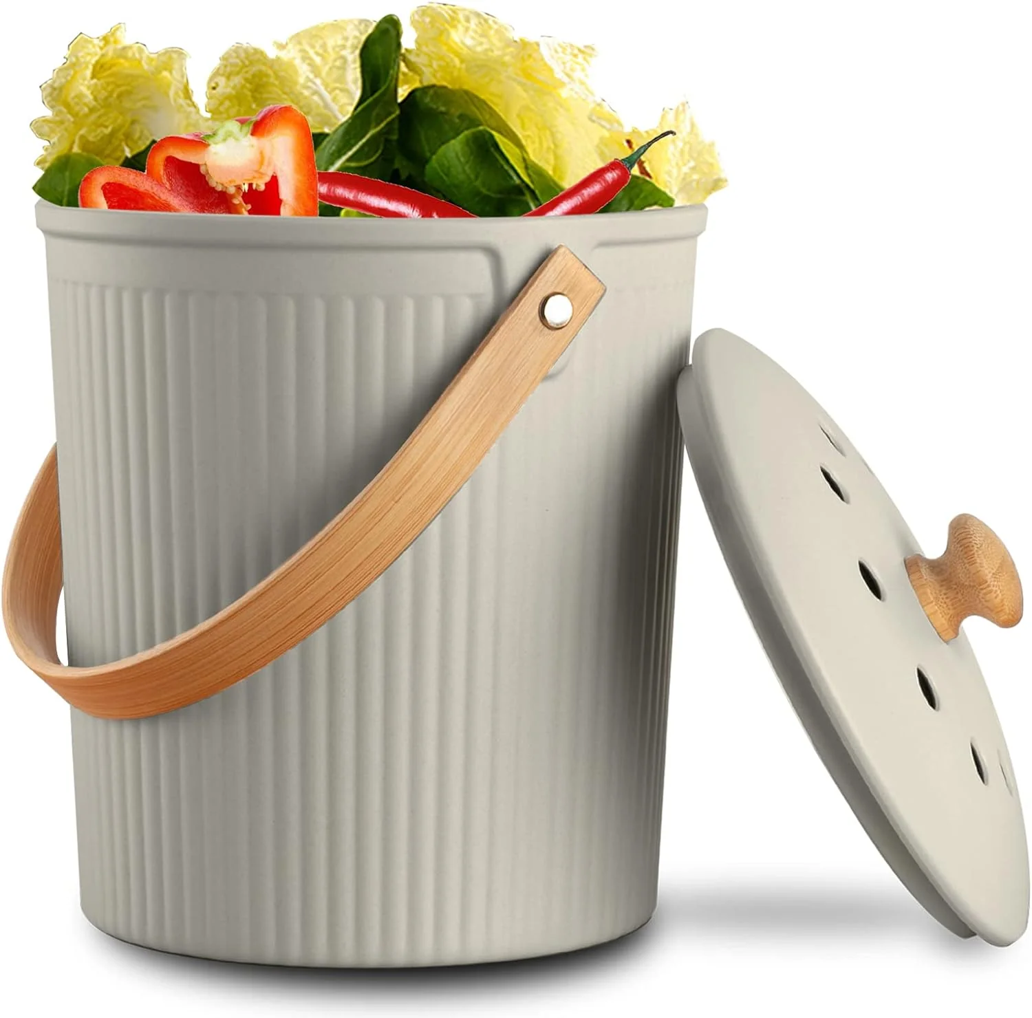 Countertop Compost Bin with Lid. Made of Sustainable Bamboo Fiber. Odorless. 1 Gallon