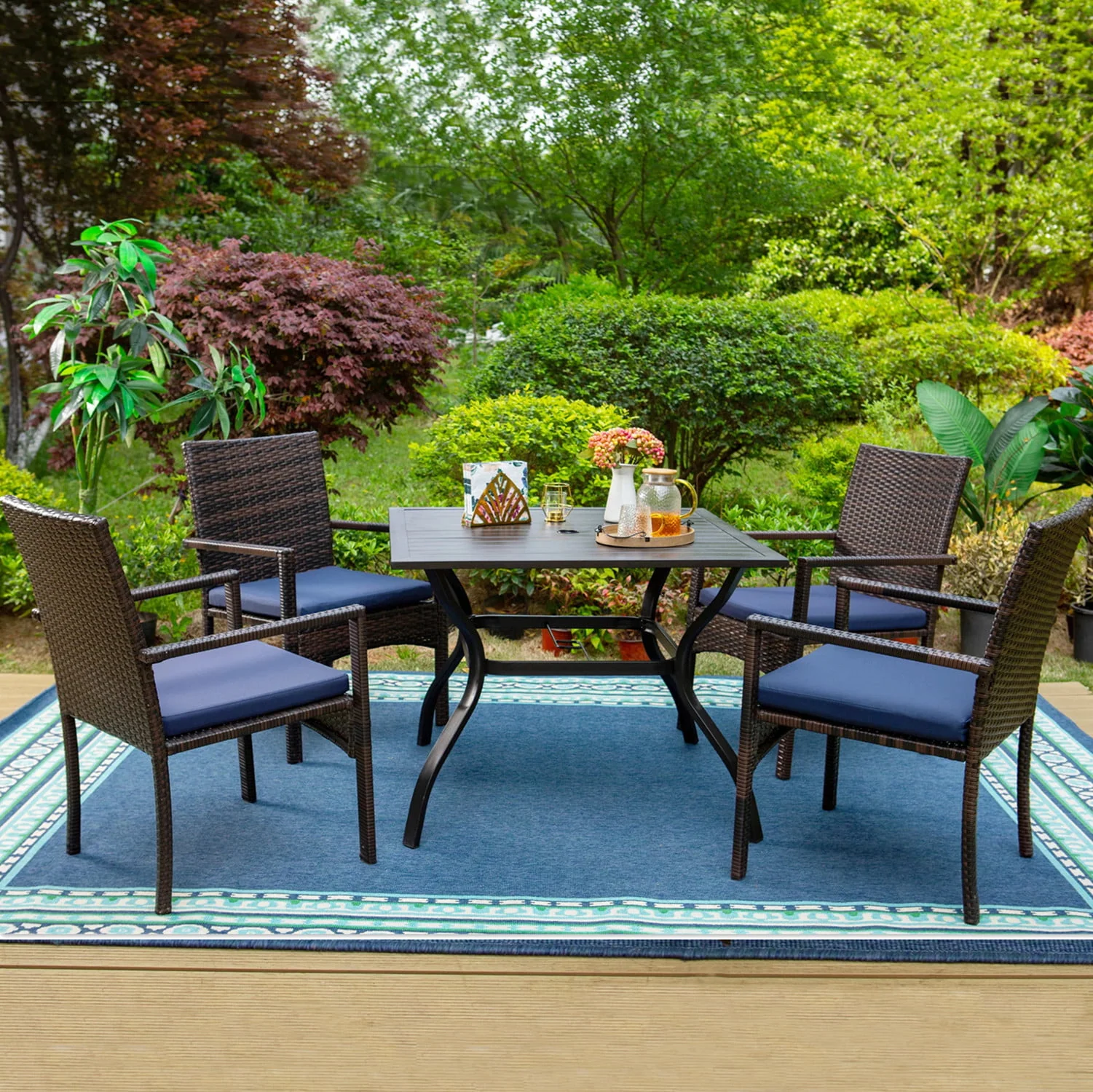 5-Piece Outdoor Patio Dining Set with Metal Square Dining Table and 4 Rattan Chairs for Outdoor. Yard. Porch