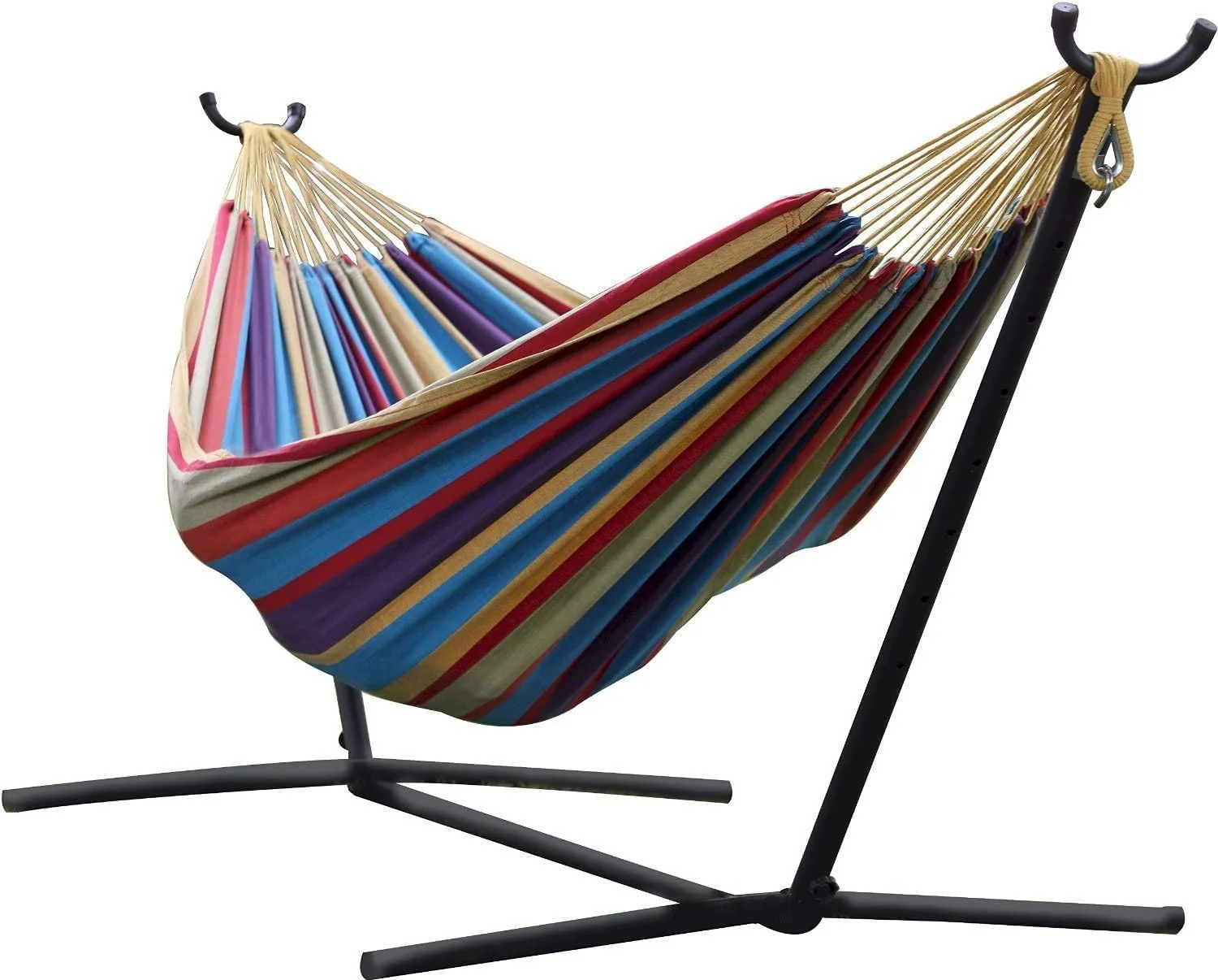 Double Cotton Hammock with Space Saving Steel Stand. 450 lb Capacity - Premium Carry Bag Included