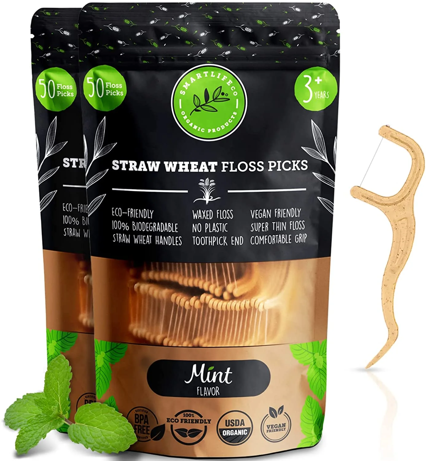 Biodegradable Dental Floss Picks. Natural Plastic Free Handle. Thin Thread Eco Friendly Zero Waste Vegan Oranic Tooth Flossers for Adults & Kids. 100. Mint