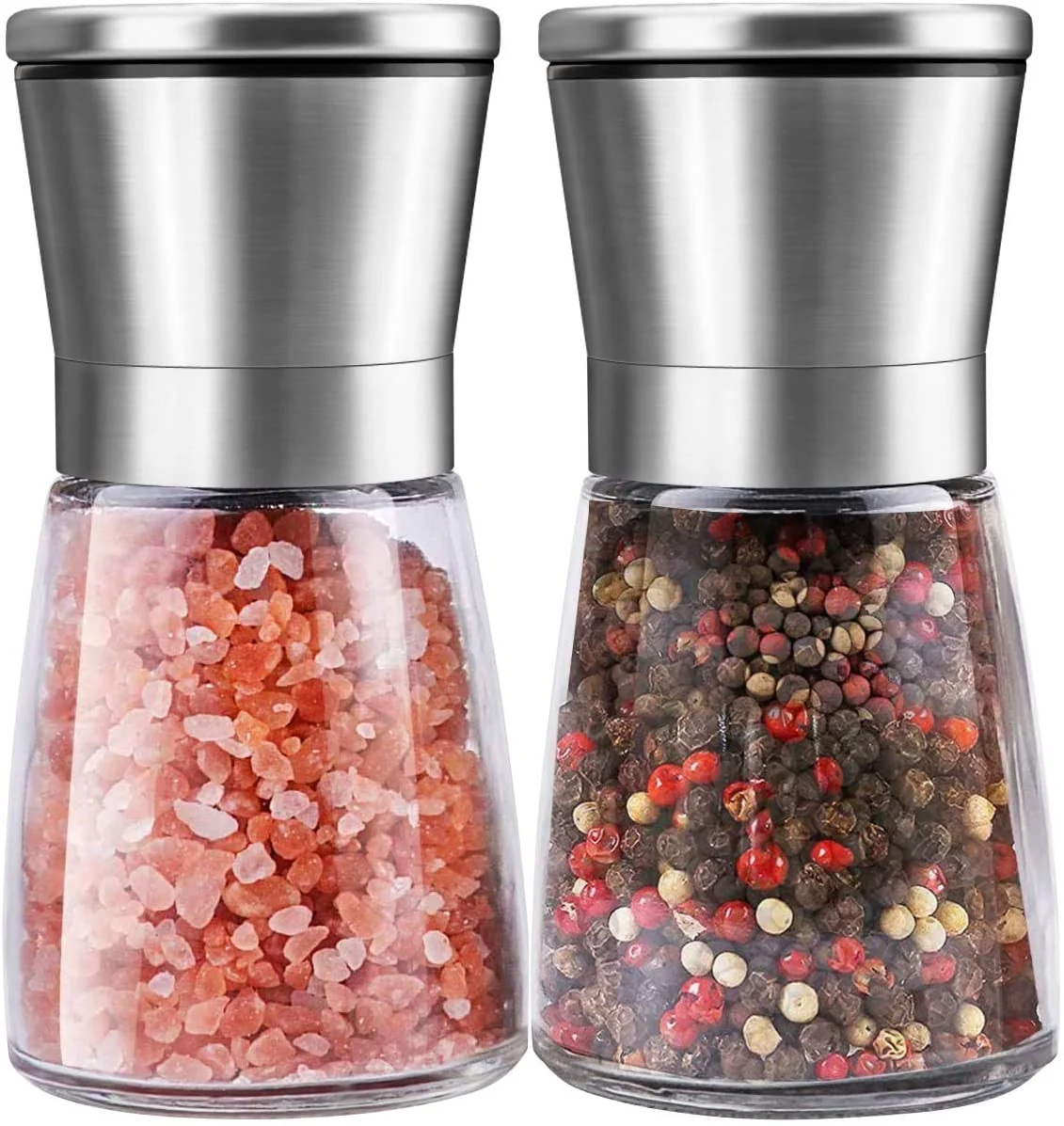 Salt and Pepper Grinder Set. Refillable with Adjustable Ceramic Grinder. Glass body Salt and Pepper Shaker with Stainless Steel Lid. Set of 2
