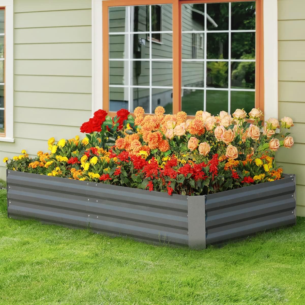 Galvanized Raised Garden Bed with Cover Metal Planter Box Kit. w/ 2 Large Screen Windows Mini Greenhouse 20pcs T Tags 1 Pair of Gloves