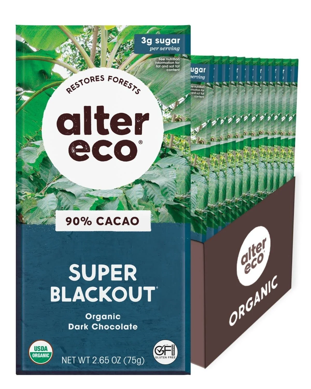 Dark Chocolate Bars. Pure Dark Cocoa. Fair Trade. Organic. Non-GMO. Gluten Free. 12-Pack Super Blackout