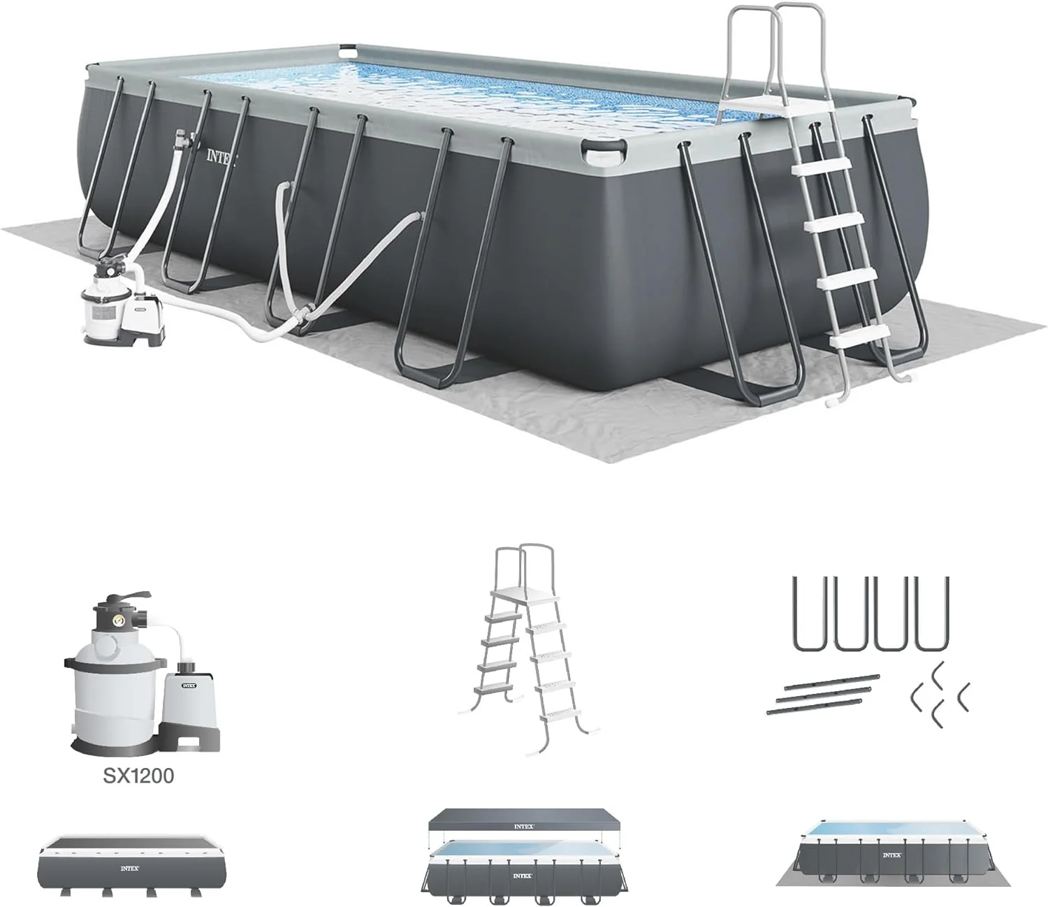 Rectangular Frame Above Ground Outdoor Swimming Pool Set with 1200 GPH Sand Filter Pump. Pool Cover and Ladder 18' x 9' x 52