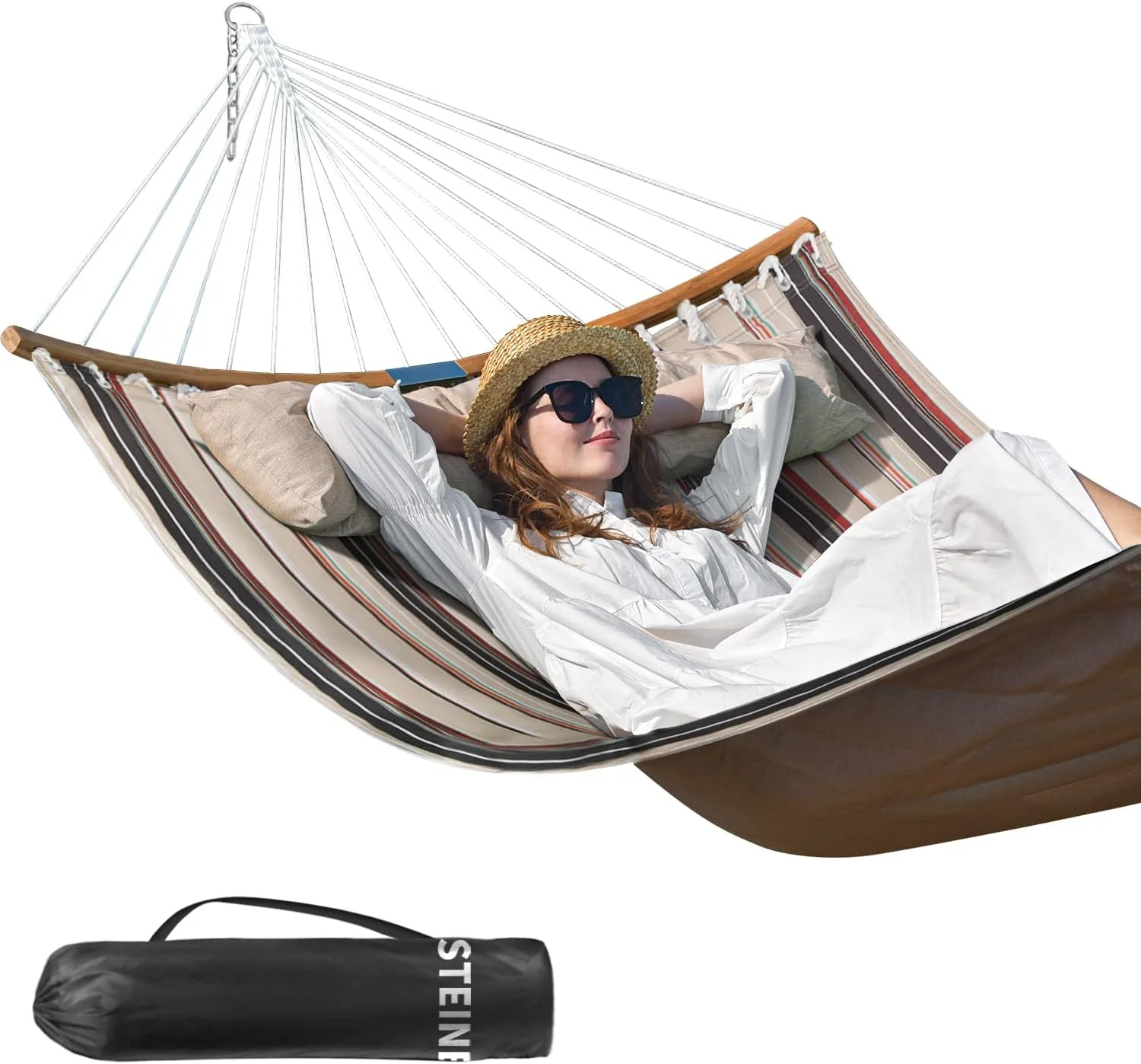 Double Hammock Swing Quilted Fabric. 11 FT Portable Hammocks with Folding Bamboo Spreader Bar & Pillow