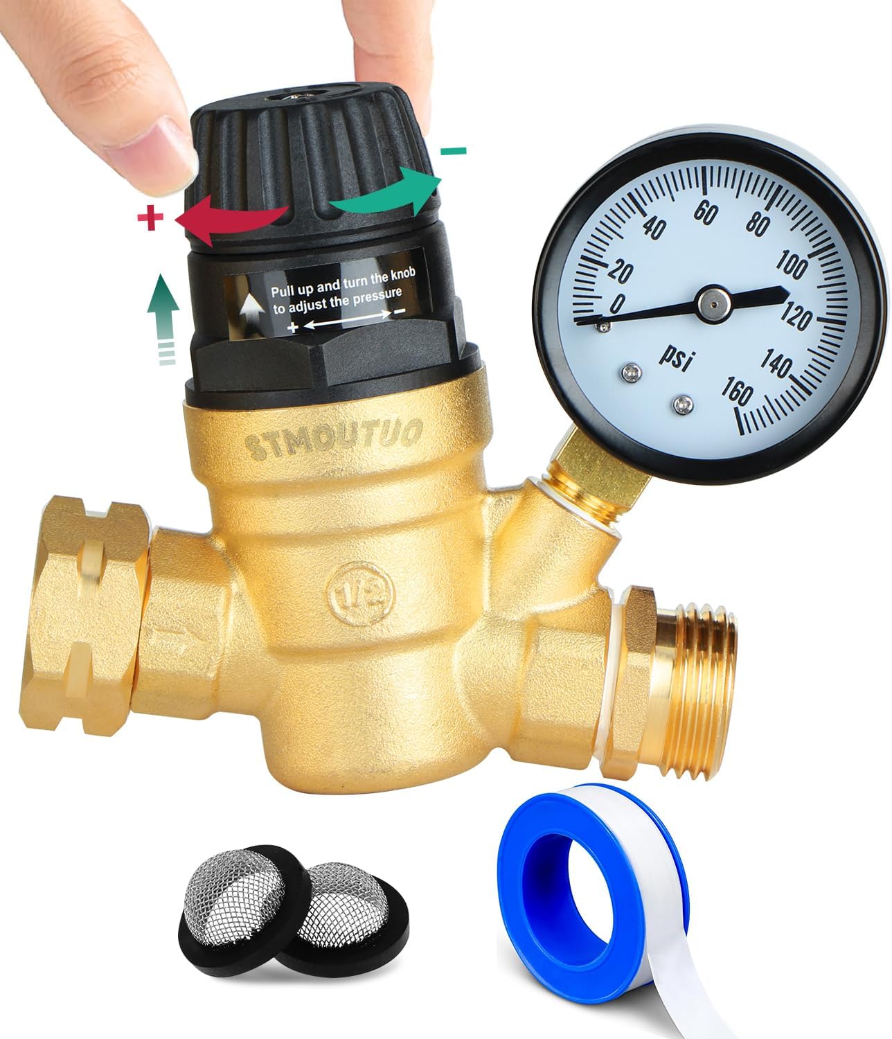 RV Water Pressure Regulator. Adjustable Lead-Free Brass RV Water Pressure Regulator with Gauge and Filter. Includes Pipe Tape
