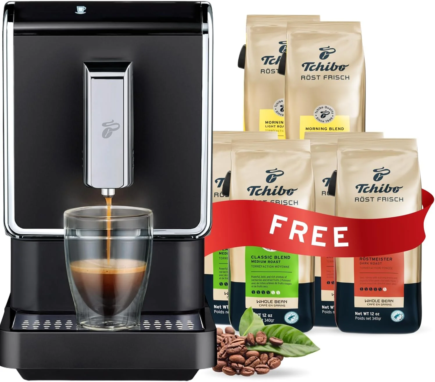 Single Serve Coffee Maker. Automatic Espresso Coffee Machine. Built-in Grinder. No Coffee Pods Needed. Comes with 6 x 12 Ounce Bags of Whole Beans