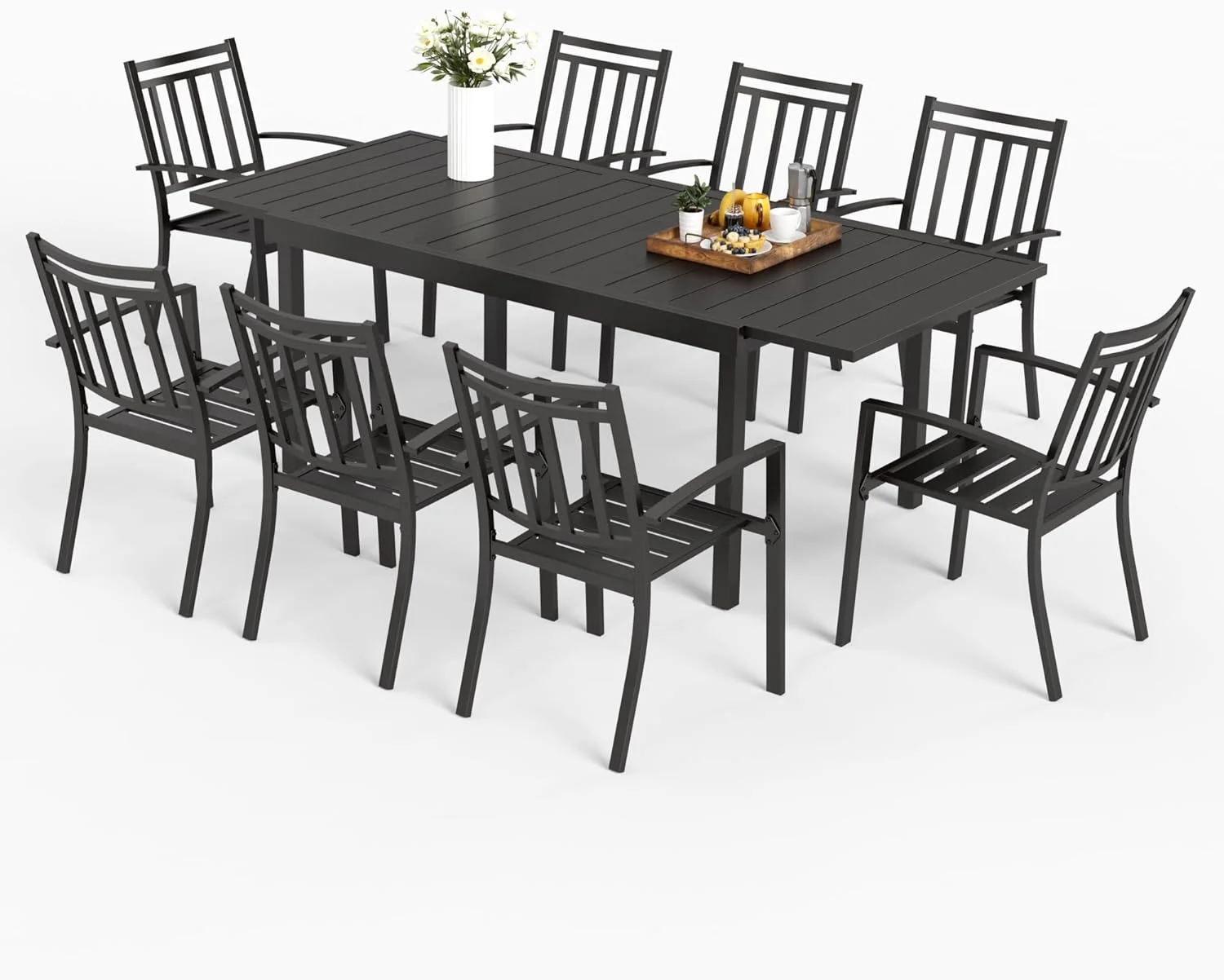 Outdoor Patio Dining Set. Steel Stackable Chairs. 1 Rectangular Expandable Table. Porch Lawn Backyard Garden Furniture Sets