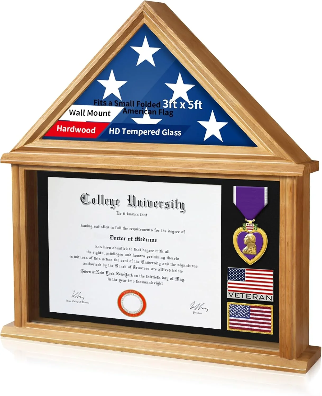 Solid Wood Flag Display Case with HD Glass – Fits 3x5 Folded Flag. Veteran Shadow Box for Medals & Badges