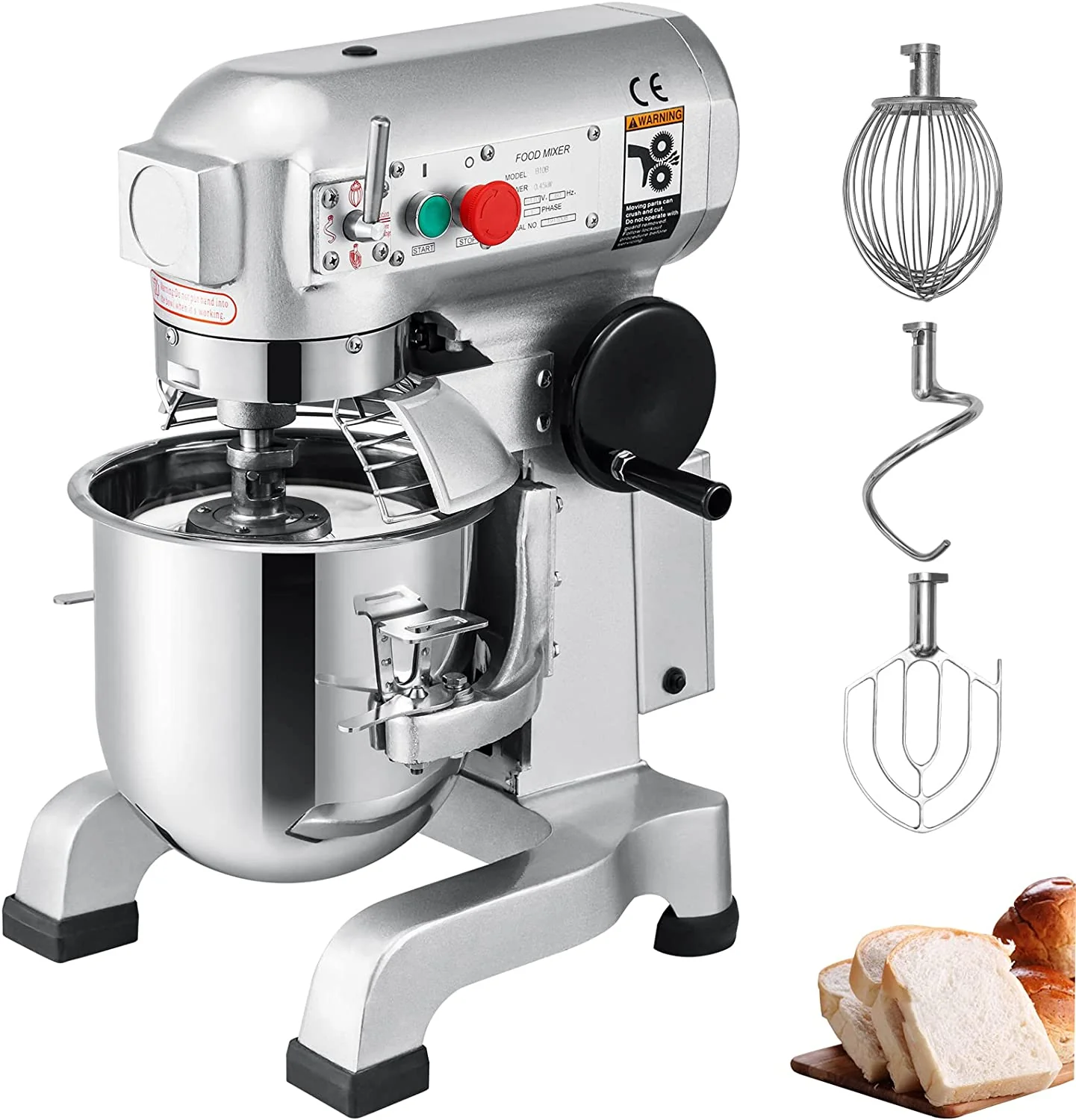 Commercial Food Mixer 10Qt 450W 3 Speeds Adjustable 110/178/390 RPM Heavy Duty 110V with Stainless Steel Bowl Dough Hooks Whisk Beater
