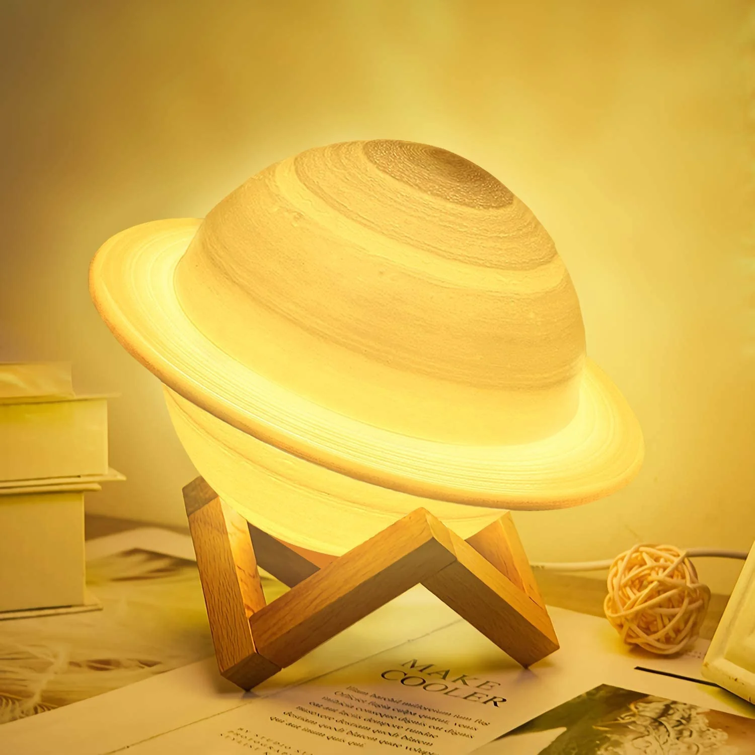 16 Colors LED 3D Print Decor Star Lamp. USB Rechargeable Remote & Touch Control. with Wood Stand & Hanging Net