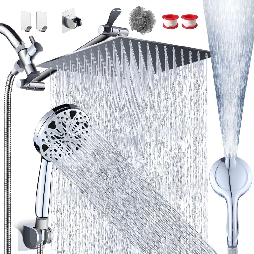 10'' Rainfall Shower Head with Handheld Combo. 8+2 Mode. 11'' Adjustable Extension Arm. 100 Self-Cleaning Nozzles
