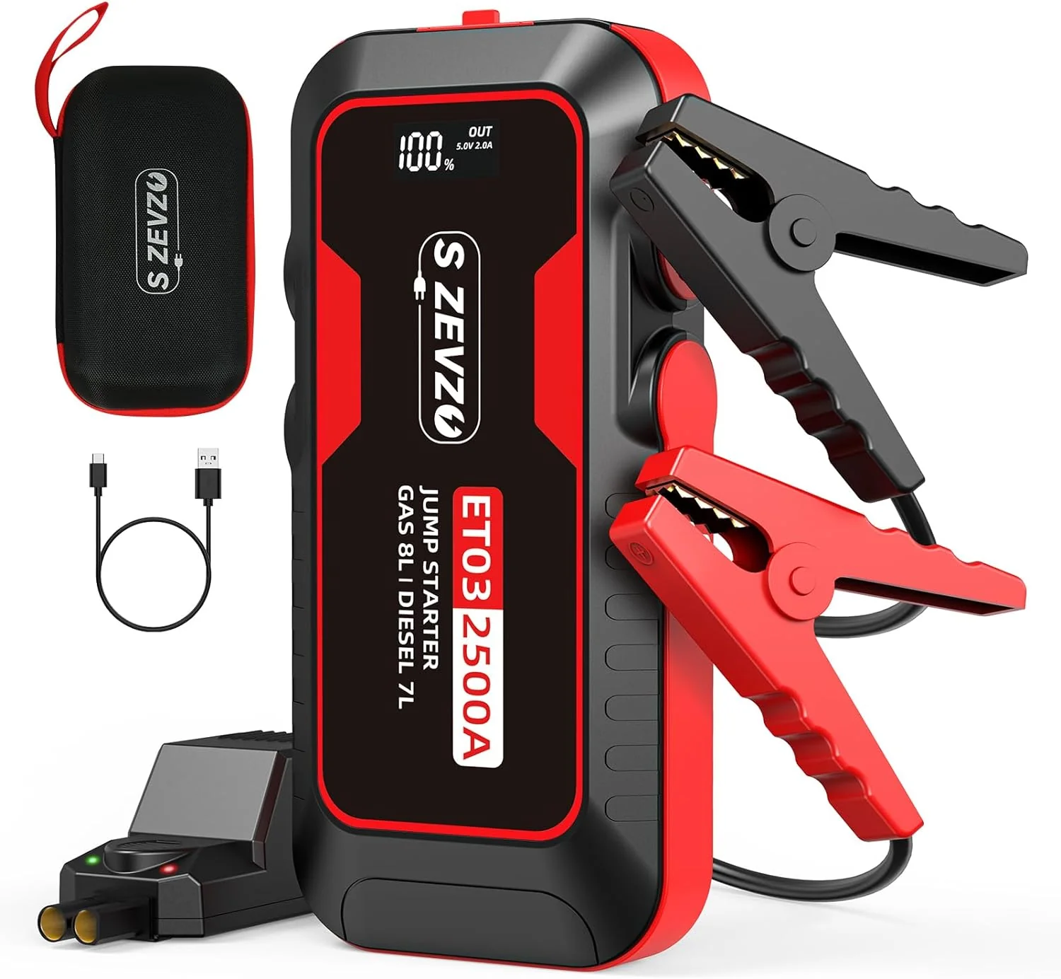 2500A Car Jump Starter with USB Ports. LCD Display. and LED Light
