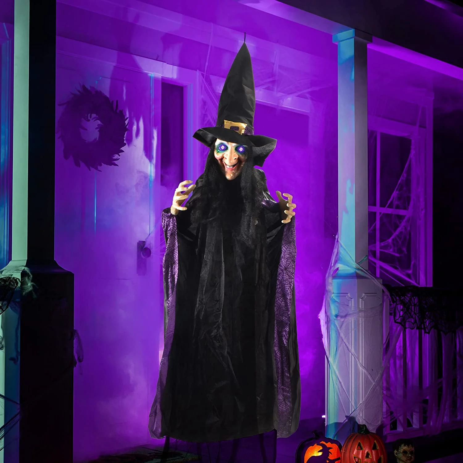 Reusable Animated Purple Witch. Life Size Hanging House Prop Decorations with LED Eyes 6ft