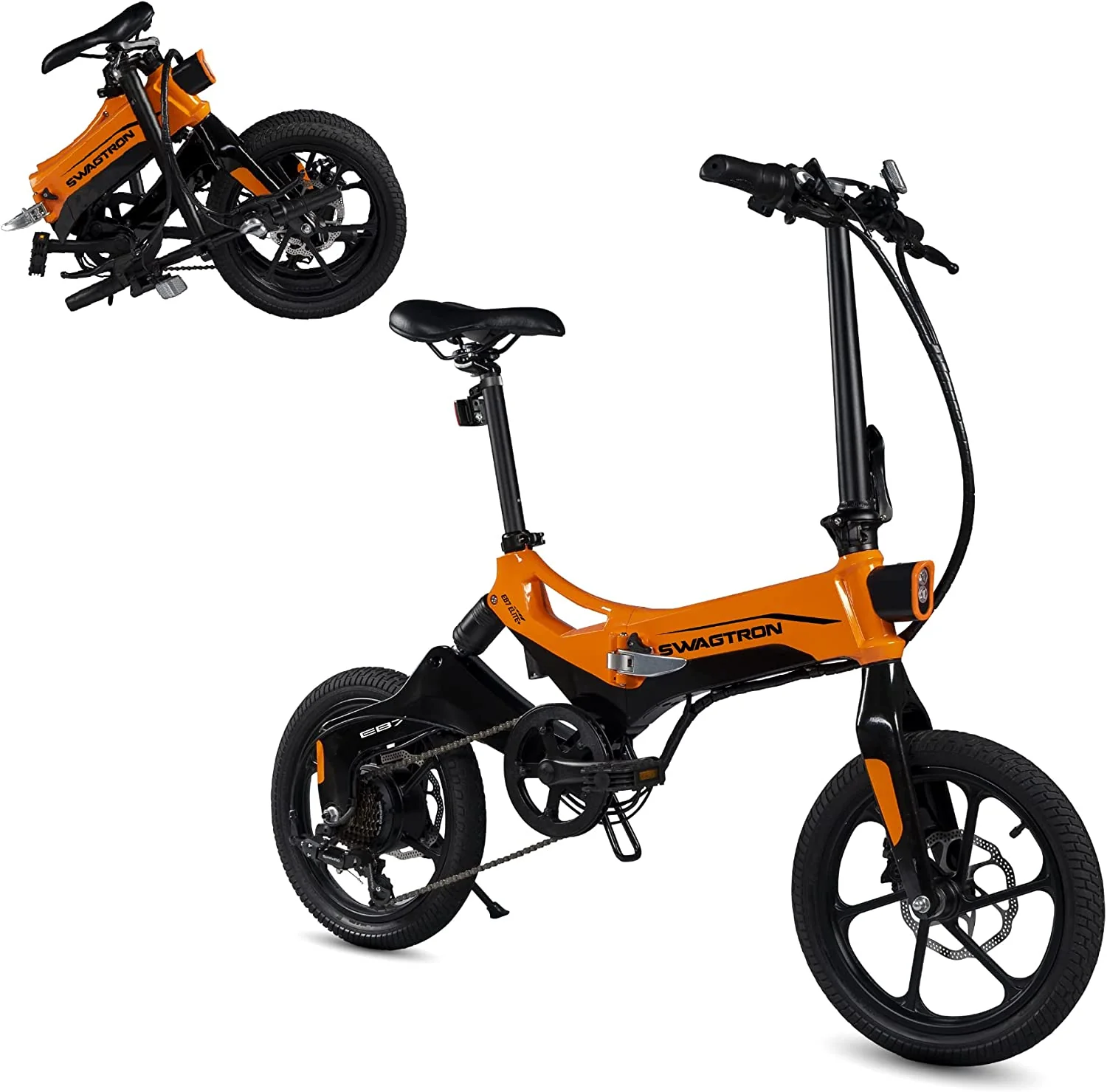 Folding Electric Bike with Removable Battery. Orange/Black. 16 Wheels. 7-Speed