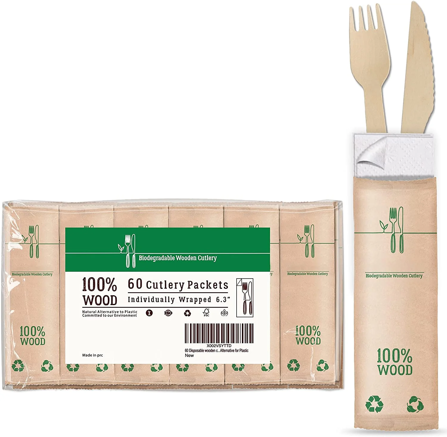 60 Disposable Wooden Cutlery. 100% compostable Wood and Paper Eco Friendly