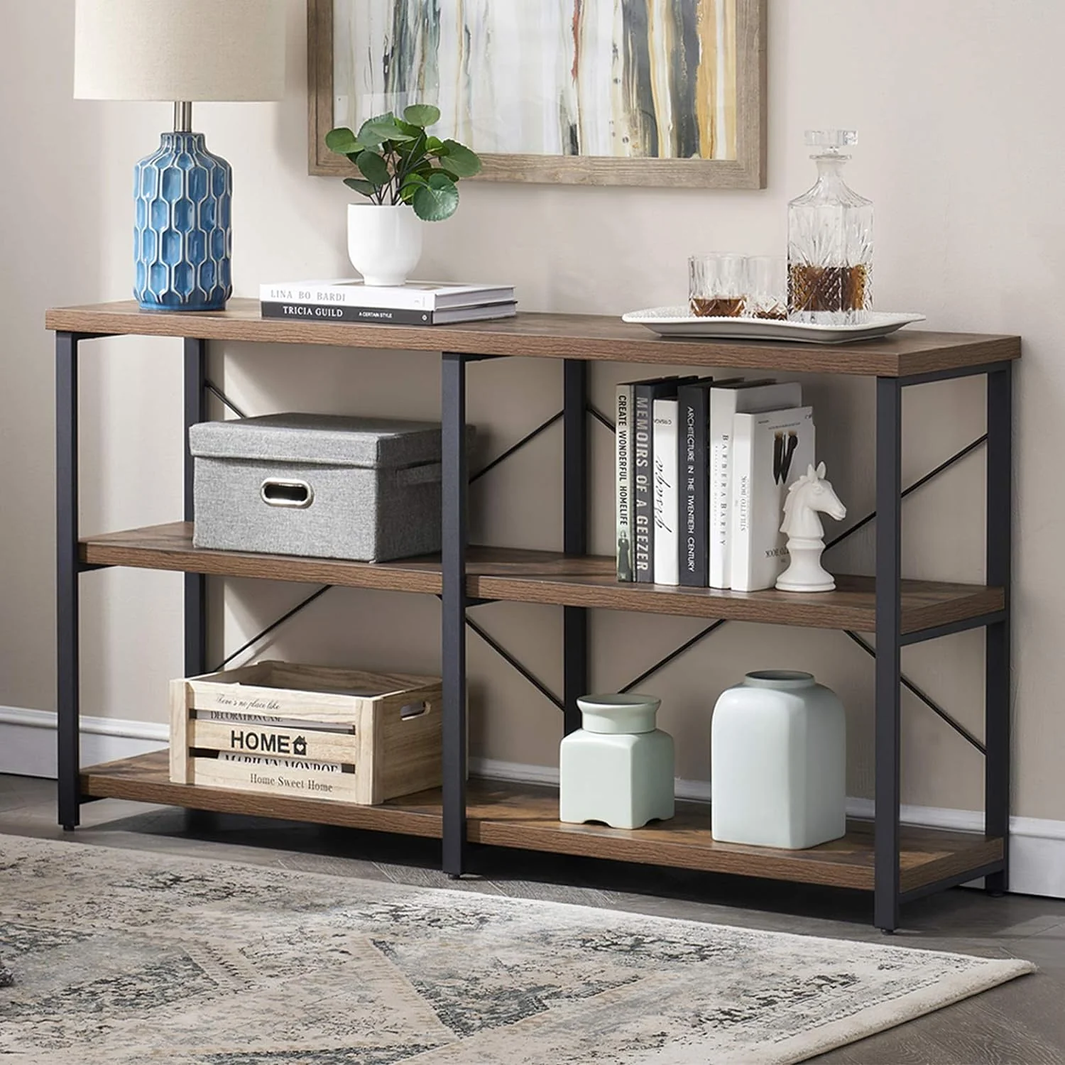 Rustic Entryway Tables. 3-Tier Long Sofa Table with Storage Shelves